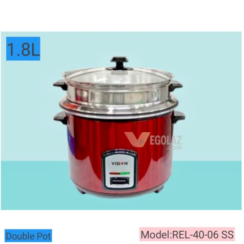 VISION 1.8L Rice Cooker REL-40-06 SS Red – Double Pot, Non-Stick, Stainless Steel Body