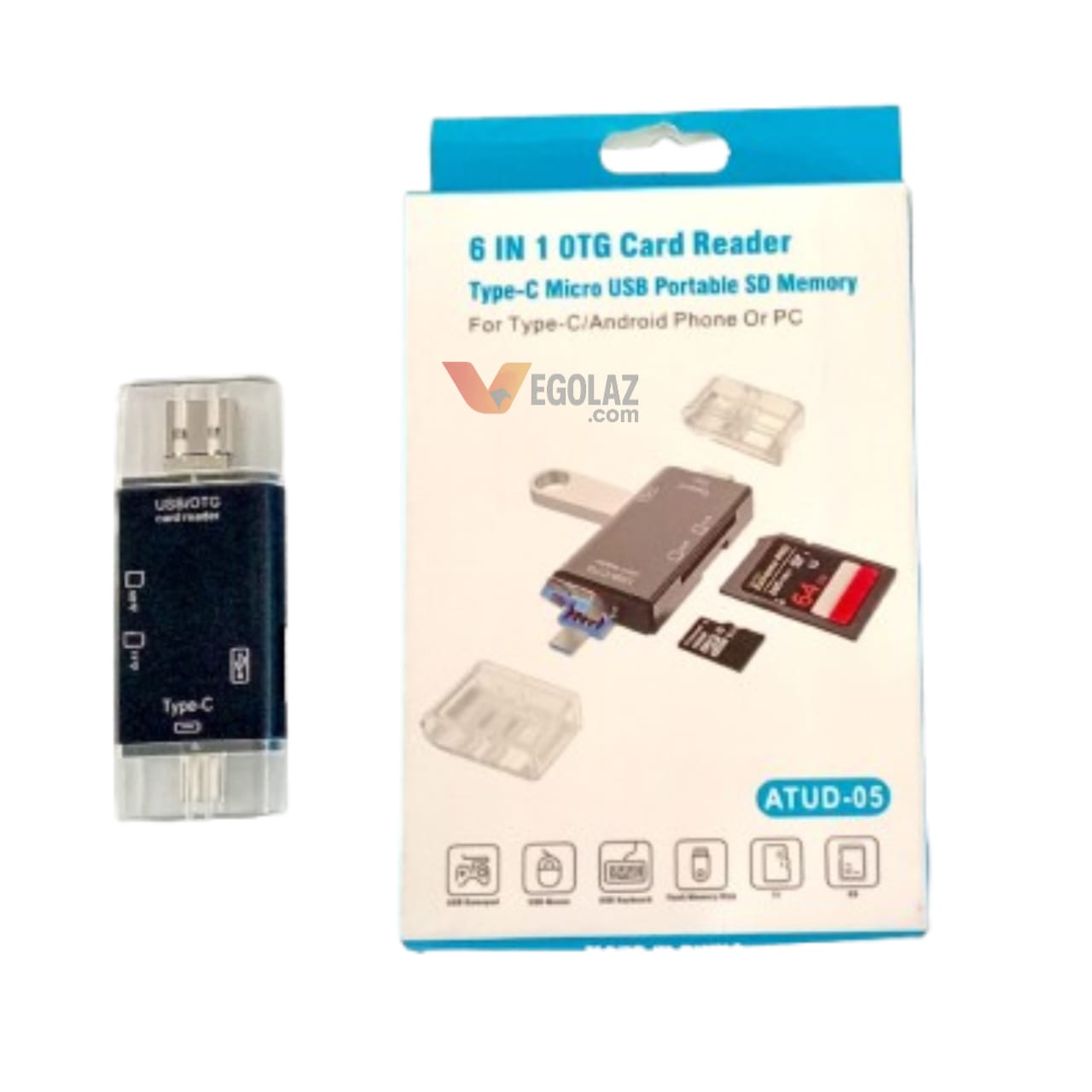 6-in-1 OTG Card Reader with Type-C and Micro USB support for Android, PC, and laptops – SD/TF card compatible plug and play memory adapter