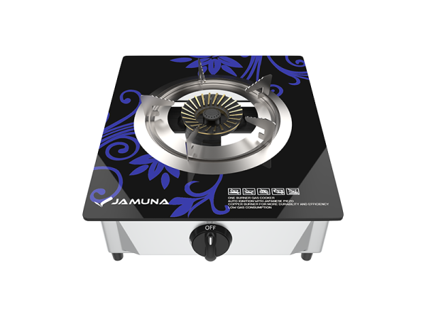 "Jamuna Gas Stove JGS-S1 Blue Flower Single Burner Tempered Glass with Cast Iron Burner"