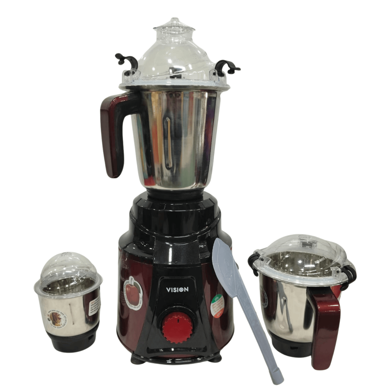 vision-vis-sbl-022-1100w-blender-maroon-front.png Vision VIS-SBL-022 Blender 1100W (Maroon) | 3-Jar Set | 22,000 RPM | SS 6-Head Blade - Image 1